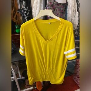 Yellow V-Neck T-Shirt with White Stripes